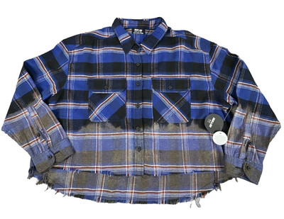 Jolie & Joy Flannel Shirt Women XL Blue Black Plaid Bleached Distressed Crop