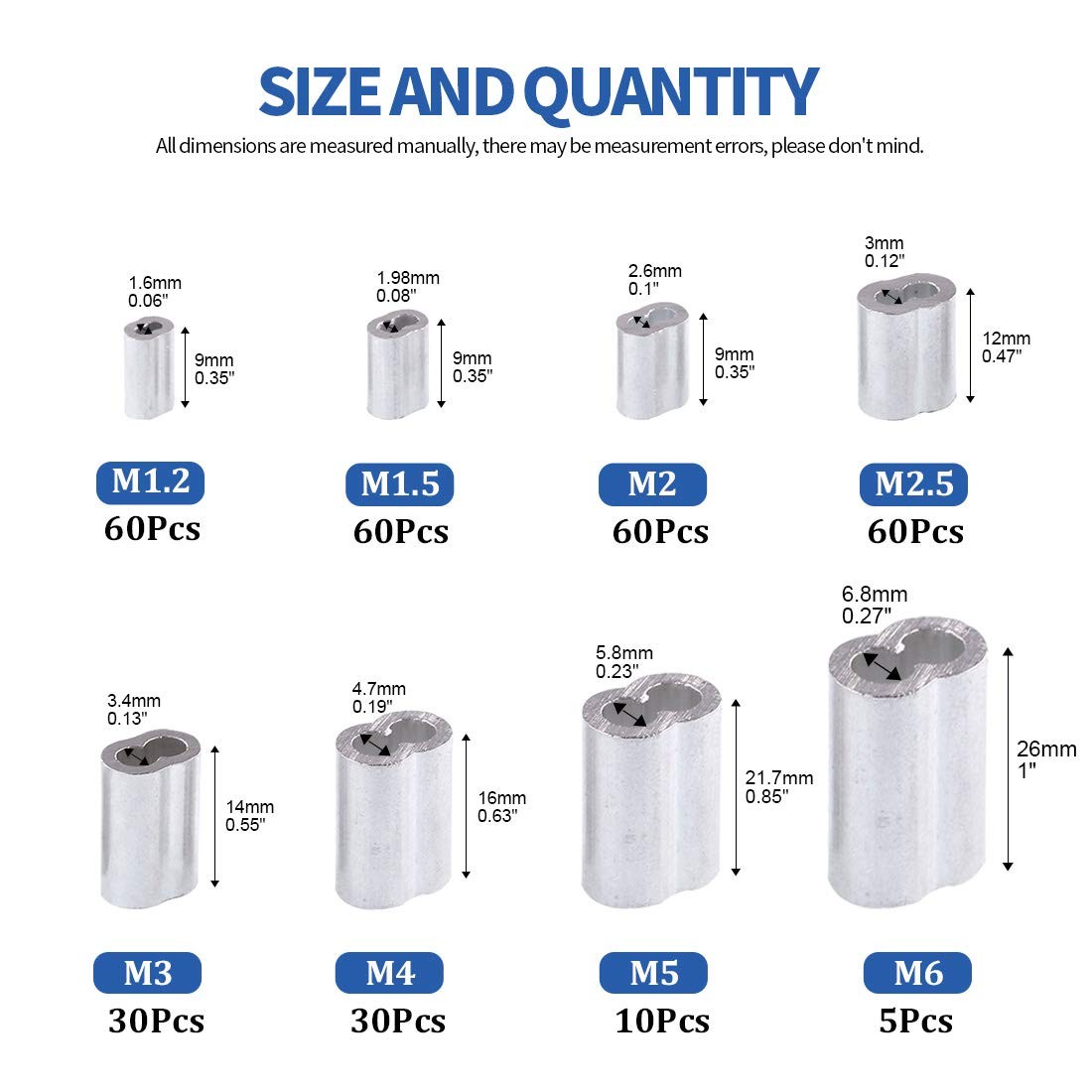 Glarks 315-Pieces 8 Sizes Aluminum Crimping 315Pcs Assortment Kit, Silver 