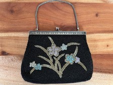 Vintage Black Beaded Floral Evening Bag Purse Clutch Handbag Silver Metal Chain