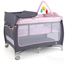4 in 1 Pack and Play, Portable Baby Playard with Bassinet, Side Zipper Door, Cha