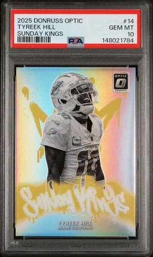 TYREEK HILL 2025 PANINI DONRUSS OPTIC #14 SUNDAY KINGS PRIZM SP DOLPHINS PSA 10