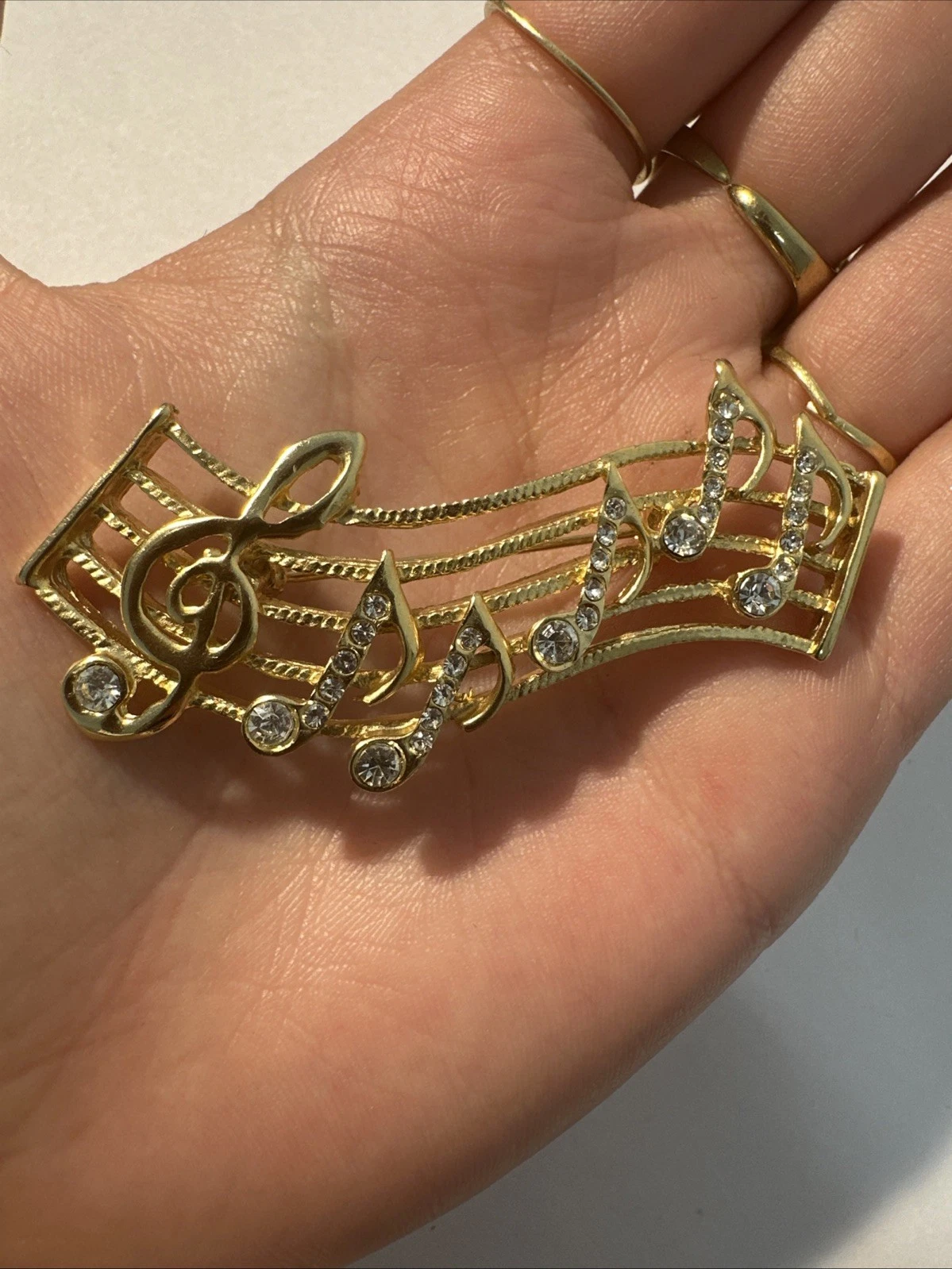 Broche Note De Musique, Dorée Avec Strass Blanc Bijoux Fantaisie
