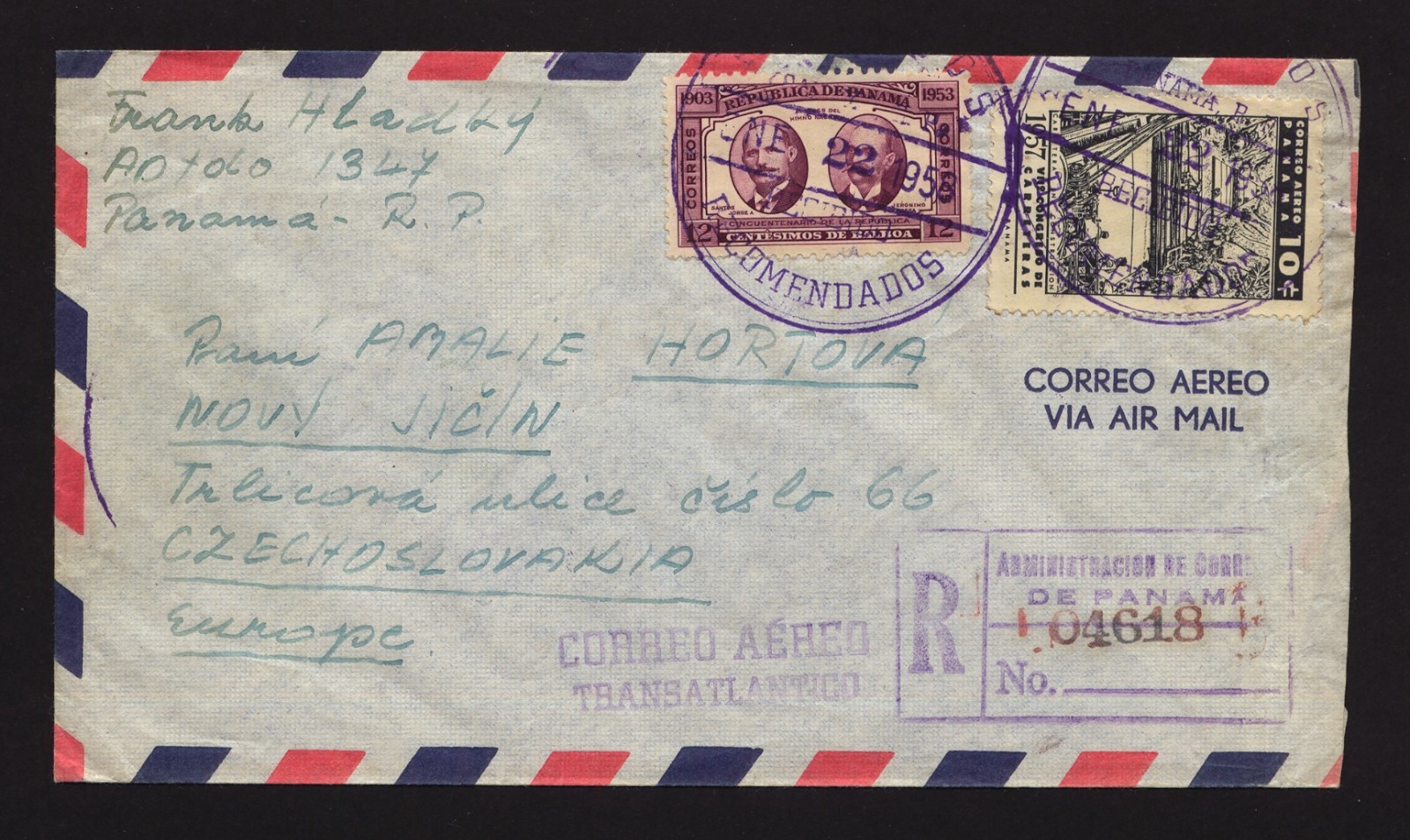 PANAMA 1958 Reg. Airmail Cover to CSR