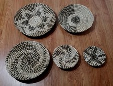 5 Handwoven Rattan Wall Decor Baskets Variety Sizes Hanging Loop Black White