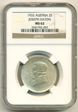 Austria Silver 1932 2 Schilling Joseph Haydn MS62 NGC