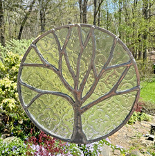 Handmade Tree of Life Sun Catcher Textured Stained Glass Panel 6.5" Window Hang