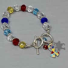 Autism Awareness Bracelet Rainbow Glass Beads Ribbon Puzzle Charms Toggle 7"