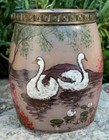 ancien seau a biscuit a décor de cygnes émaillé ( legras )