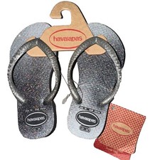 NWT Havaianas Girls Silver And Black Sparkle Shimmer Flip Flop Sandals 13/1 New