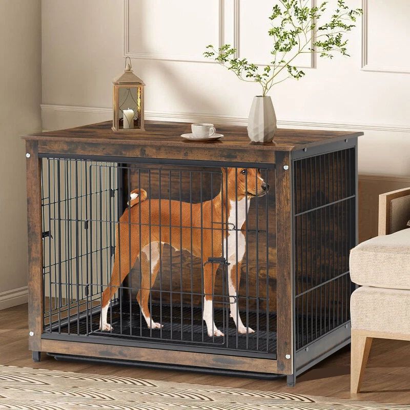 Rustic Wooden Dog Crate Double Door Wire Pet House Cage End Table Home Furniture