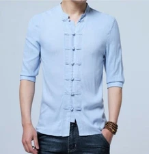 Mens Chinese Style Tang Shirts Slim Fit Cotton Linen Short Sleeve Casual T-shirt