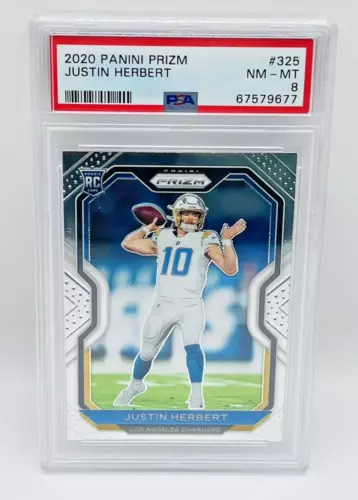 2020 Panini Prizm Justin Herbert Silver Rookie RC 325 Graded PSA 8 Chargers NM+