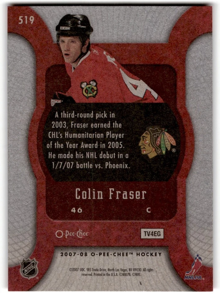 2007-08 O-Pee-Chee Colin Fraser Rookie #519 Chicago Blackhawks - Image 2 of 2