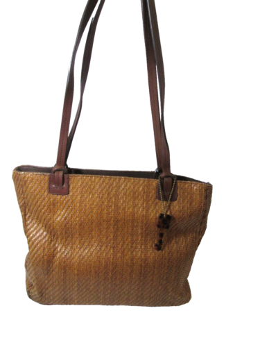 Fossil Handbag Purse Shoulder Bag Brown Wicker/Straw & Leather - Afbeelding 1 van 7