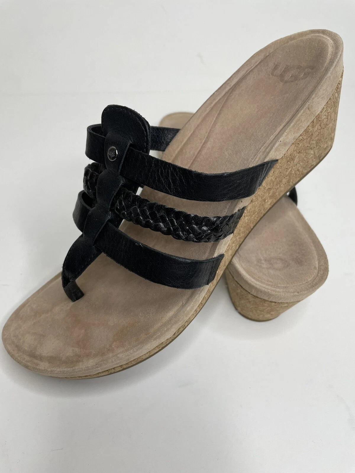 Sandali donna UGG Maddie pelle tanga slide bassa zeppa sughero taglia 8 neri