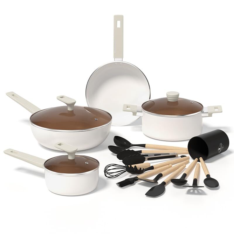 Ceramic Nonstick Cookware Set with White Handles for Induction Stoves