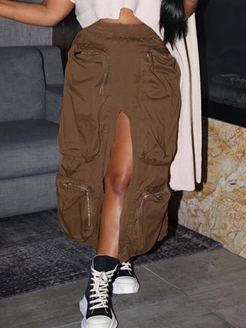 Cargo Skirt Women Casual Zipper Loose High Waist Long Skirt