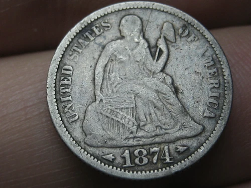 1874 P Seated Liberty Silver Dime- With Arrows, Fine Details