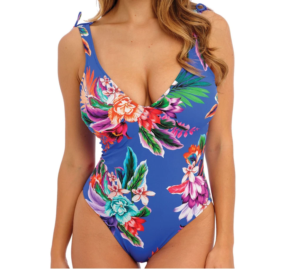 Fantasie Halkidiki Swimsuit 32D 10 Underwired Bra Ultramarine Blue Floral 501939