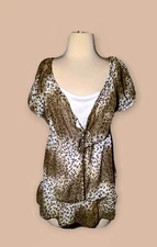 AGB Animal Print Sheer Gathered Waist Blouse Shirt Top Cami Attached Sz MEDIUM 