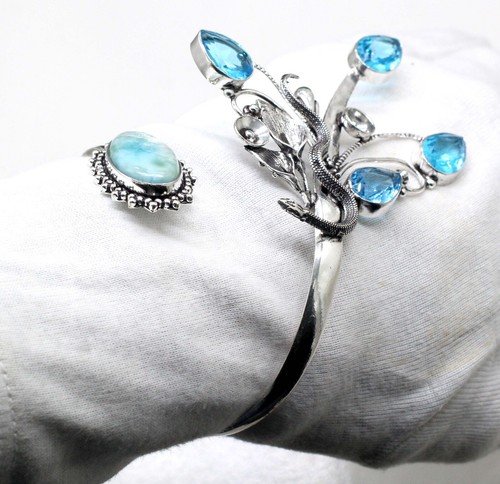 925 Sterling Silver Larimar & Topaz Gemstone Jewelry Cuff Bracelet Size-ADJ - Picture 3 of 7