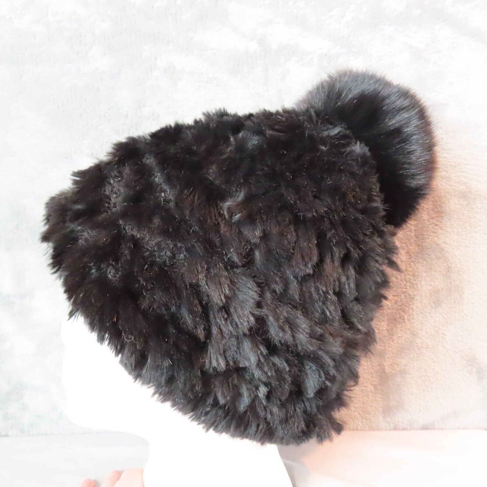 Rabbit Fox Fur Beanie Knit Hat Cap Pom Pom Black … - image 5