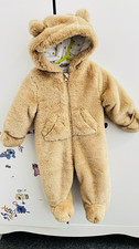 Primark Beige Teddy Faux Fur Hooded Full Zip Bear Snowsuit 0-3 Months