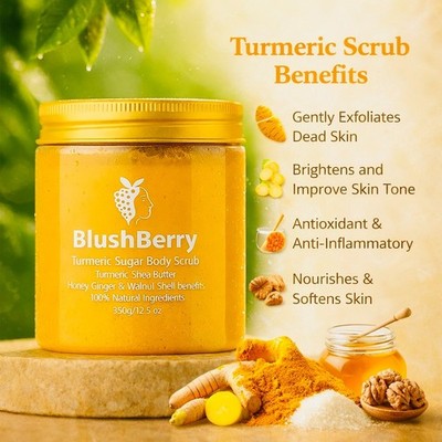 Turmeric sugar body scrub honey shea butter ginger exfoliating natural 350g jar.