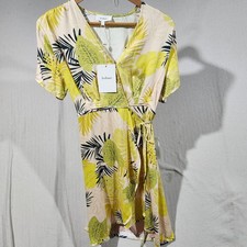 Bohme Shauna Wrap Dress NWT Tropical Print Short Sleeve Yellow Green Women Small