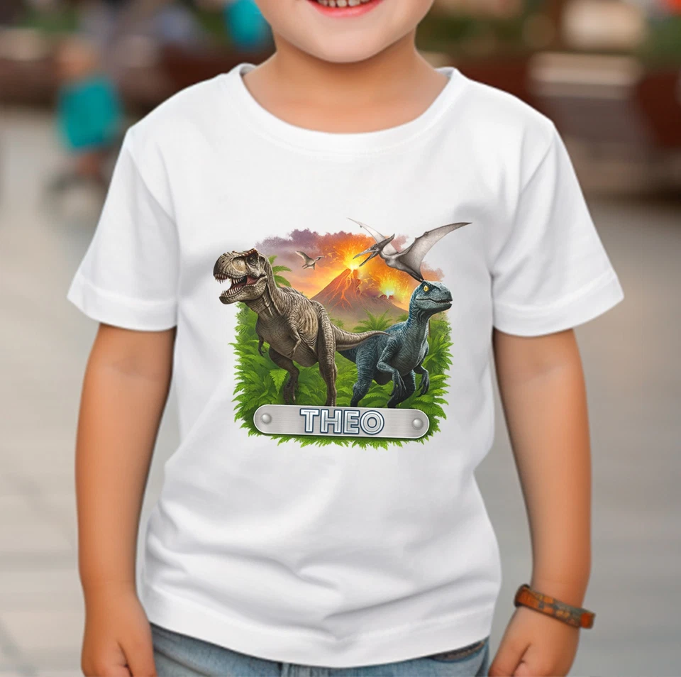SWEET TOPS PERSONALISIERTES DINOSAURIER KINDER T-SHIRT - T-REX, VELOCIRAPTOR UND PTERODAKTYLUS