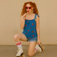 Modcloth Tank Top Womens XS Blue Cherry Bomb Print Coquette 90s Kidcore Retro