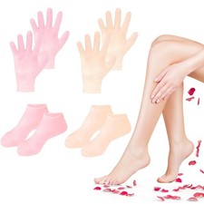 TEAWOO 4 Pairs Silicone Socks Gloves 2 Pair & 2 Gloves, Pink/Beige 