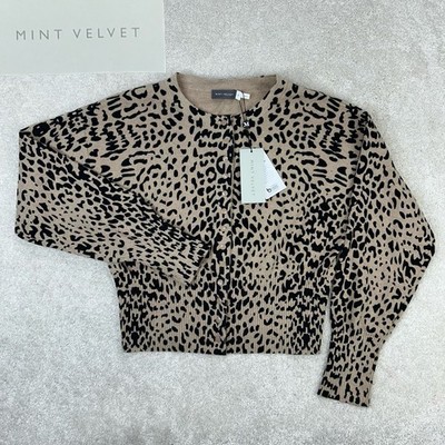 New Mint Velvet Women s Leopard Print Cashmere Blend Cropped Knitted Cardigan M