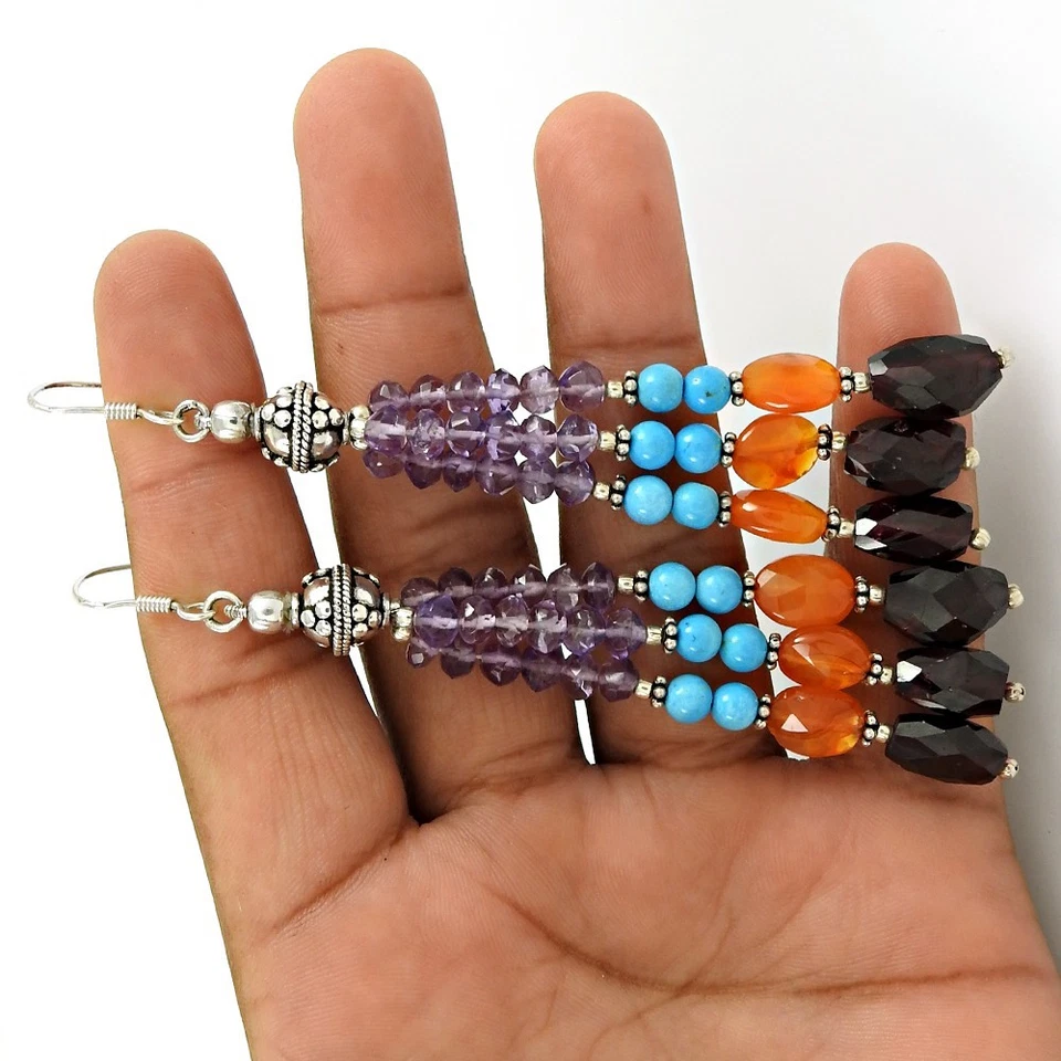 Real 925 Sterling Silver Briolette Turquoise Carnelian Earrings Christmas Gift - Image 3 of 4