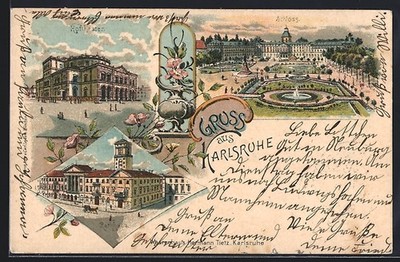Lithograph Karlsruhe I. B., Garden in front of the Castle, the Court Theatre, Department Store 