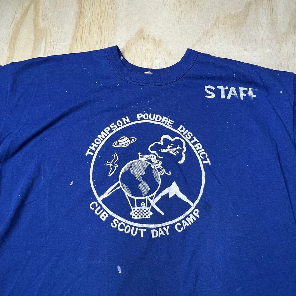 A4820 Vintage 70s Russell Athletic Cub Scout Day Camp T-Shirt Blue Size XL - Image 3 of 4