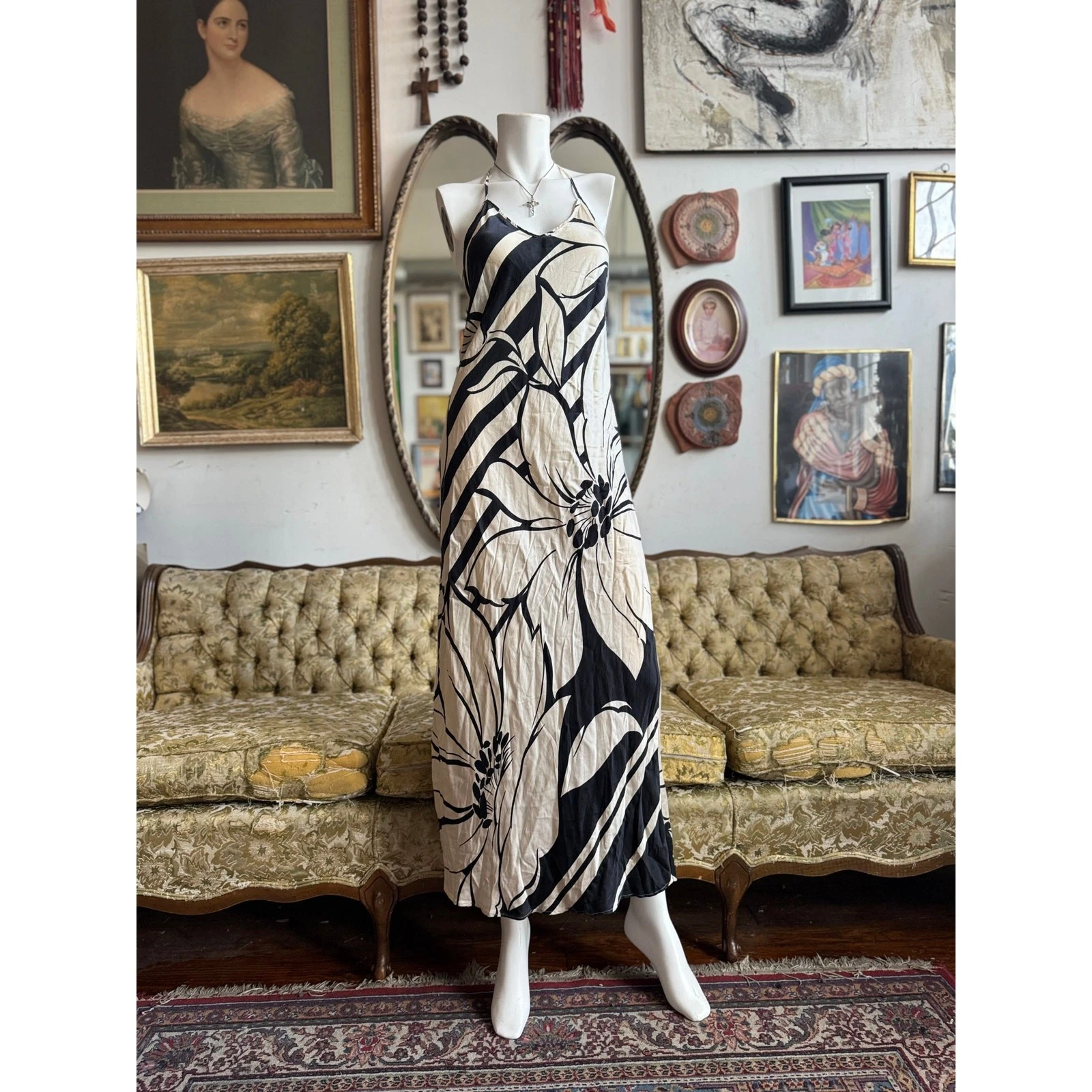 UNDERCOVER Abito Victoria Secret 100% seta nero e panna con schiena elegante taglia media