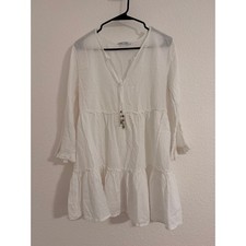 Blue Island White Cotton Gauze Tiered Boho MiniDress Tassel M Resortwear CoverUp