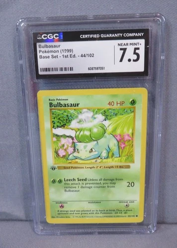 BULBASAUR 44/102 Pokemon Base Set 1st Edition Shadowless 1999 CGC 7.5 Near Mint+
