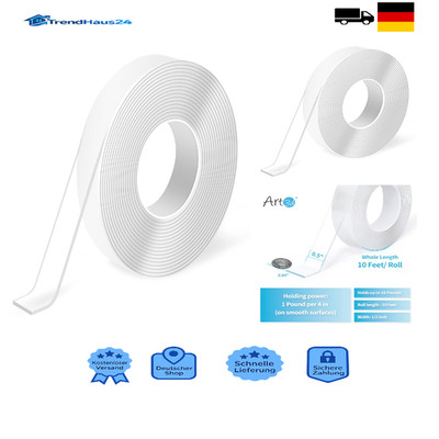 Art3d 3 Meter Doppelseitiges Klebeband Wiederverwendbar Waschbar