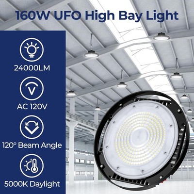 160W UFO LED High Bay Light, Aluminum LED Shop Lights with 24000LM, 5000K Com...