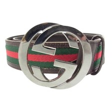 GUCCI Leather Web Stripe Interlocking Logo Belt Brown Classic Designer Luxury