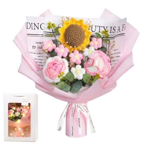 MEIVINES Handmade Crochet Flowers Bouquet,knitted Sunflower-Pink