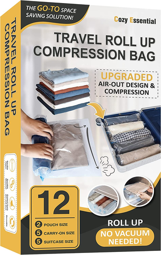 12 bolsas de compresión de viaje embalaje al vacío, enrollar bolsas de ahorro de espacio de viaje para L - Imagen 10 de 12