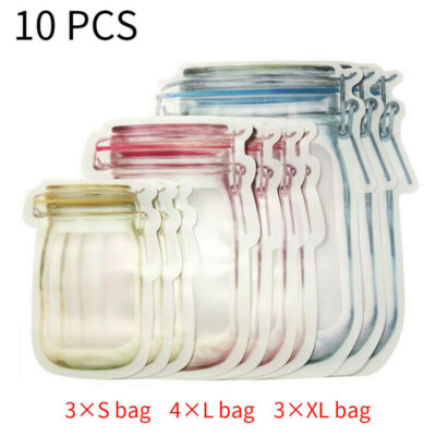 10Pcs Reusable Mason Jar Bottles Bags Snack Zipper Bags Seal Food Container