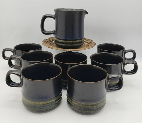 Vintage Denby England Coffee Espresso Pottery Mugs Cups 8 Pcs Brown Blue Drip