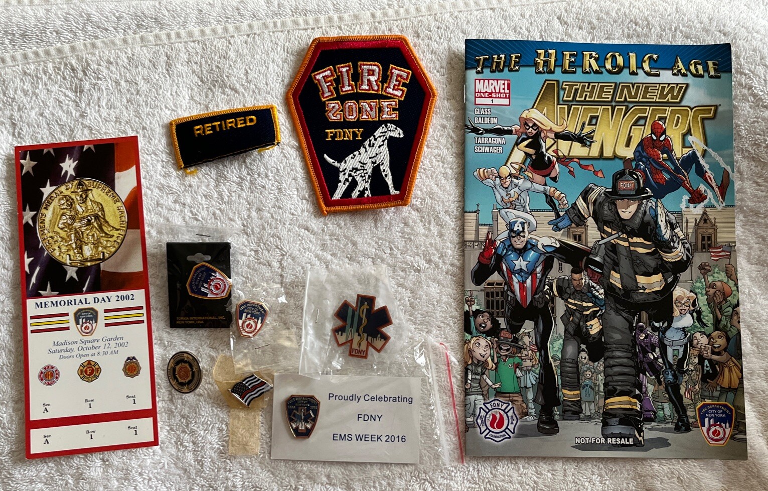13 FDNY Patches Pins EMS WTC Flag Commissioner Comic Paperweight
