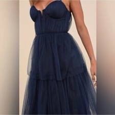 New Lulus Unforgettable Poise Navy Blue Tulle Bustier Tiered Gown Maxi Dress XS