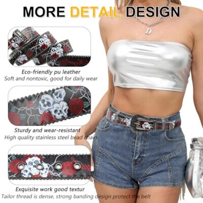 Skull Rhinestone Belt Western Belts for Men Women Y2k Goth  display picture 1