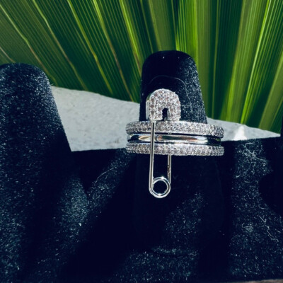 Silver shade Safety Pin Cocktail Ring with Clear Crystal Clear Crystal Ring, Silver Ring With Stone, Thick Ring for  main image 3